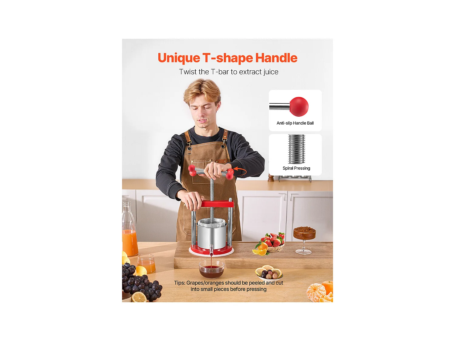 Fruitpers SucceBuy 1,5 L Roestvrijstalen Handmatige Fruitpers voor Zelfgemaakte Wijn.