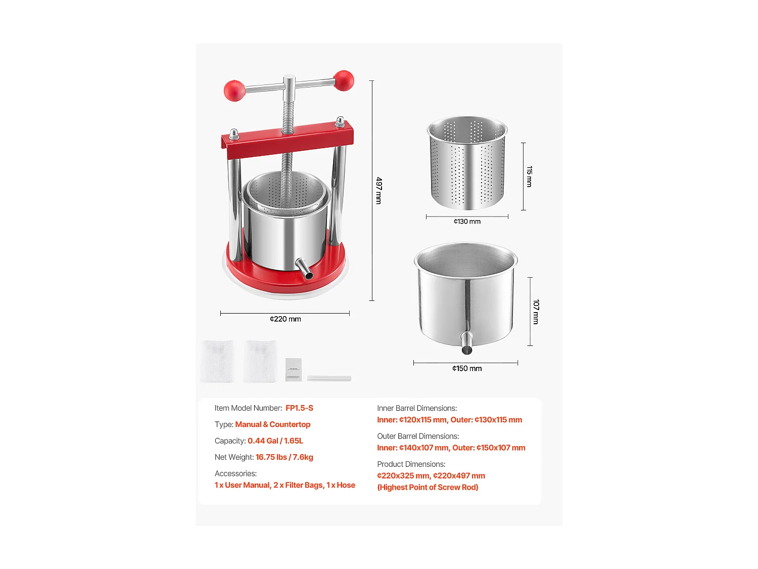 Presse Fruits SucceBuy Presse à Fruits Manuel en Acier Inoxydable, Capacité 1.5L, pour Vin Maison.