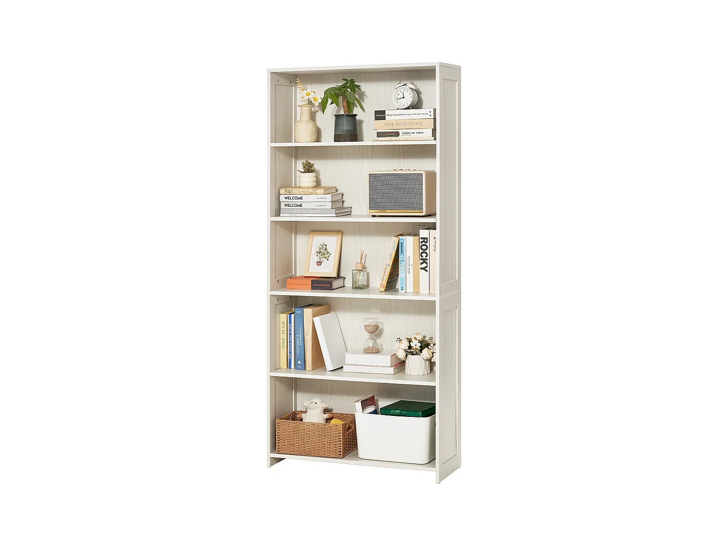 Bibliothèque SucceBuy Ouverte Autoportante en Bois à 5 Niveaux, 173cm de Large, en Blanc, pour le Rangement