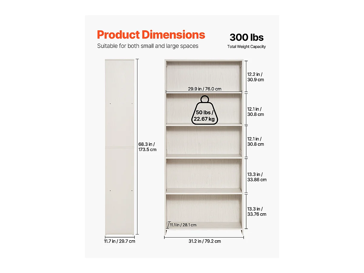 Bibliothèque SucceBuy Ouverte Autoportante en Bois à 5 Niveaux, 173cm de Large, en Blanc, pour le Rangement