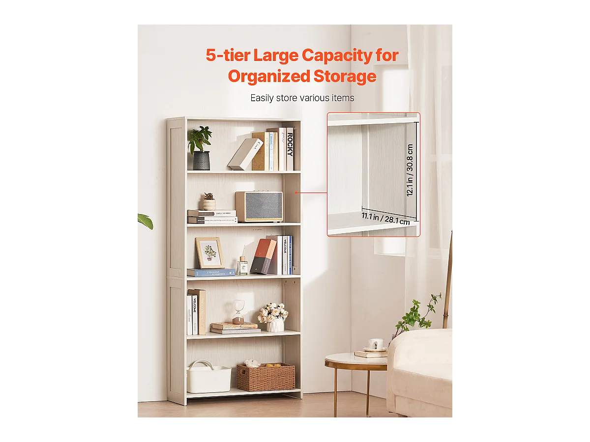 Bibliothèque SucceBuy Ouverte Autoportante en Bois à 5 Niveaux, 173cm de Large, en Blanc, pour le Rangement