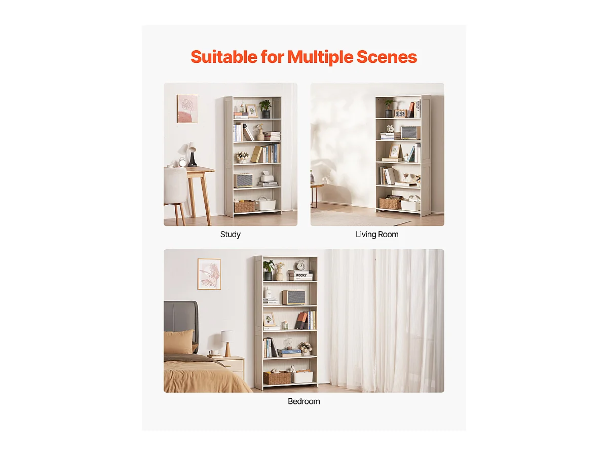 Bibliothèque SucceBuy Ouverte Autoportante en Bois à 5 Niveaux, 173cm de Large, en Blanc, pour le Rangement