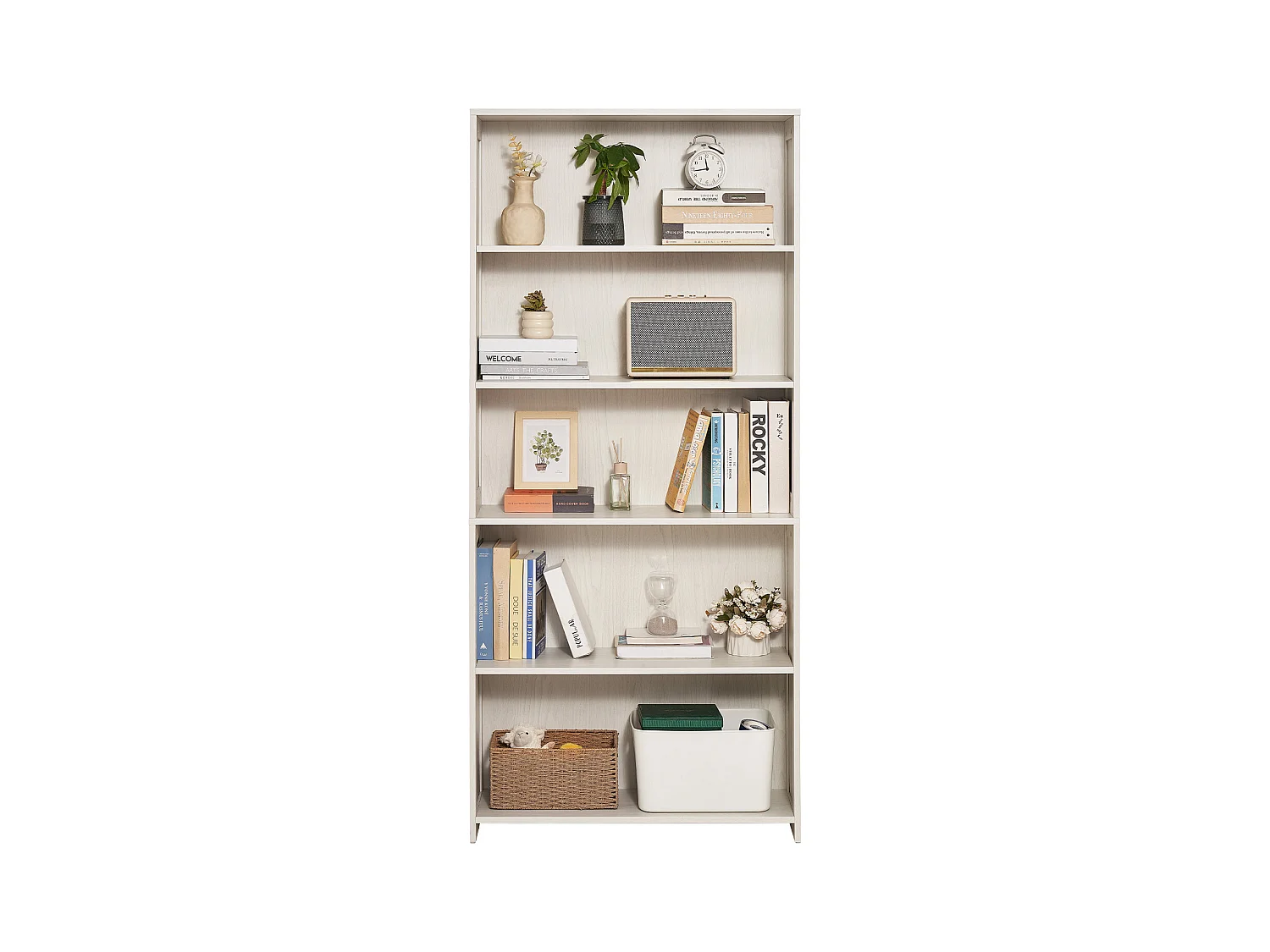 Bibliothèque SucceBuy Ouverte Autoportante en Bois à 5 Niveaux, 173cm de Large, en Blanc, pour le Rangement