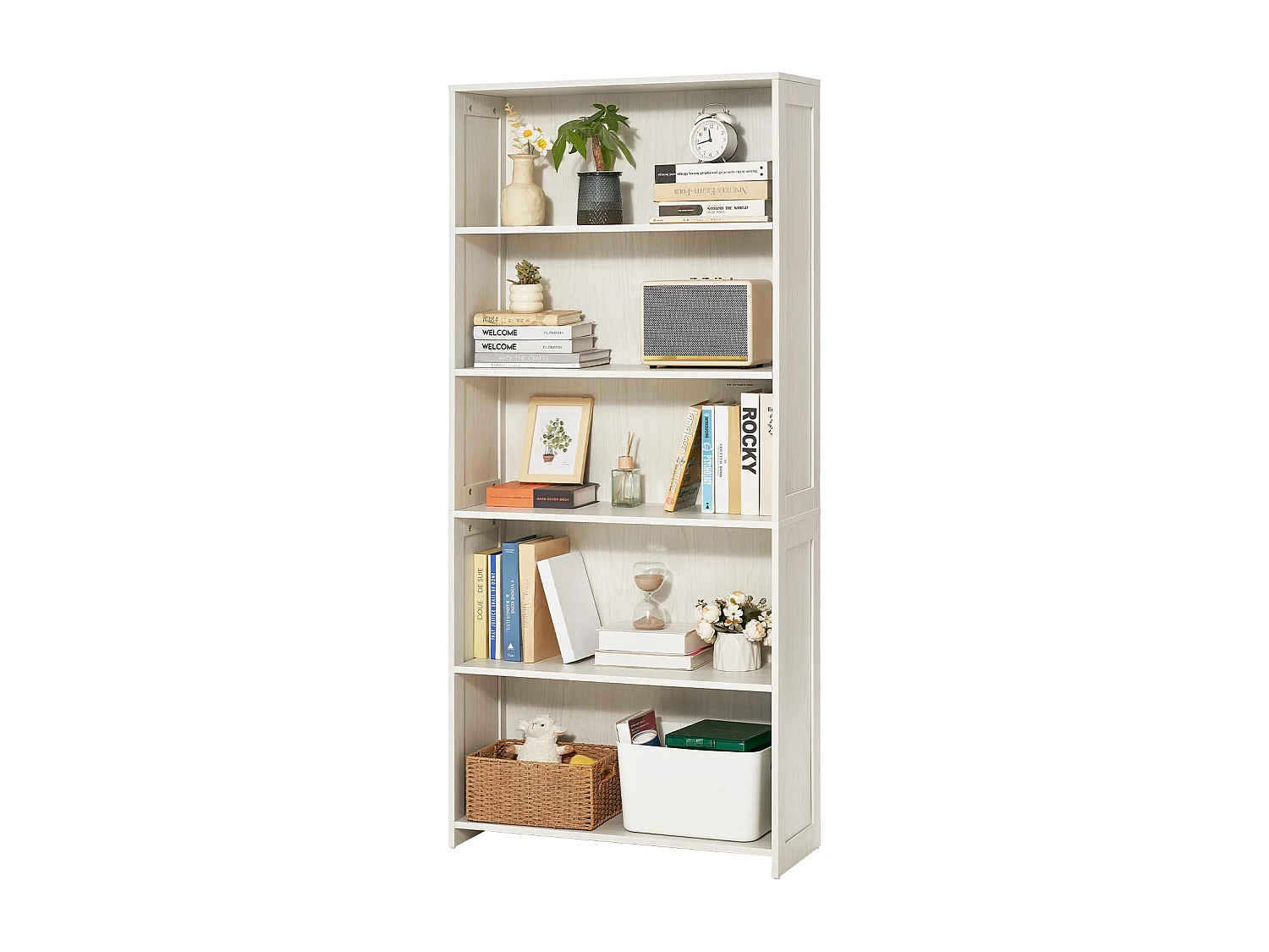 Bibliothèque SucceBuy Ouverte Autoportante en Bois à 5 Niveaux, 173cm de Large, en Blanc, pour le Rangement