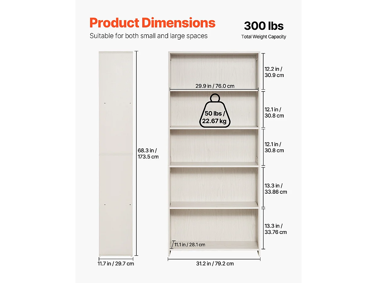 Bibliothèque SucceBuy Ouverte Autoportante en Bois à 5 Niveaux, 173cm de Large, en Blanc, pour le Rangement