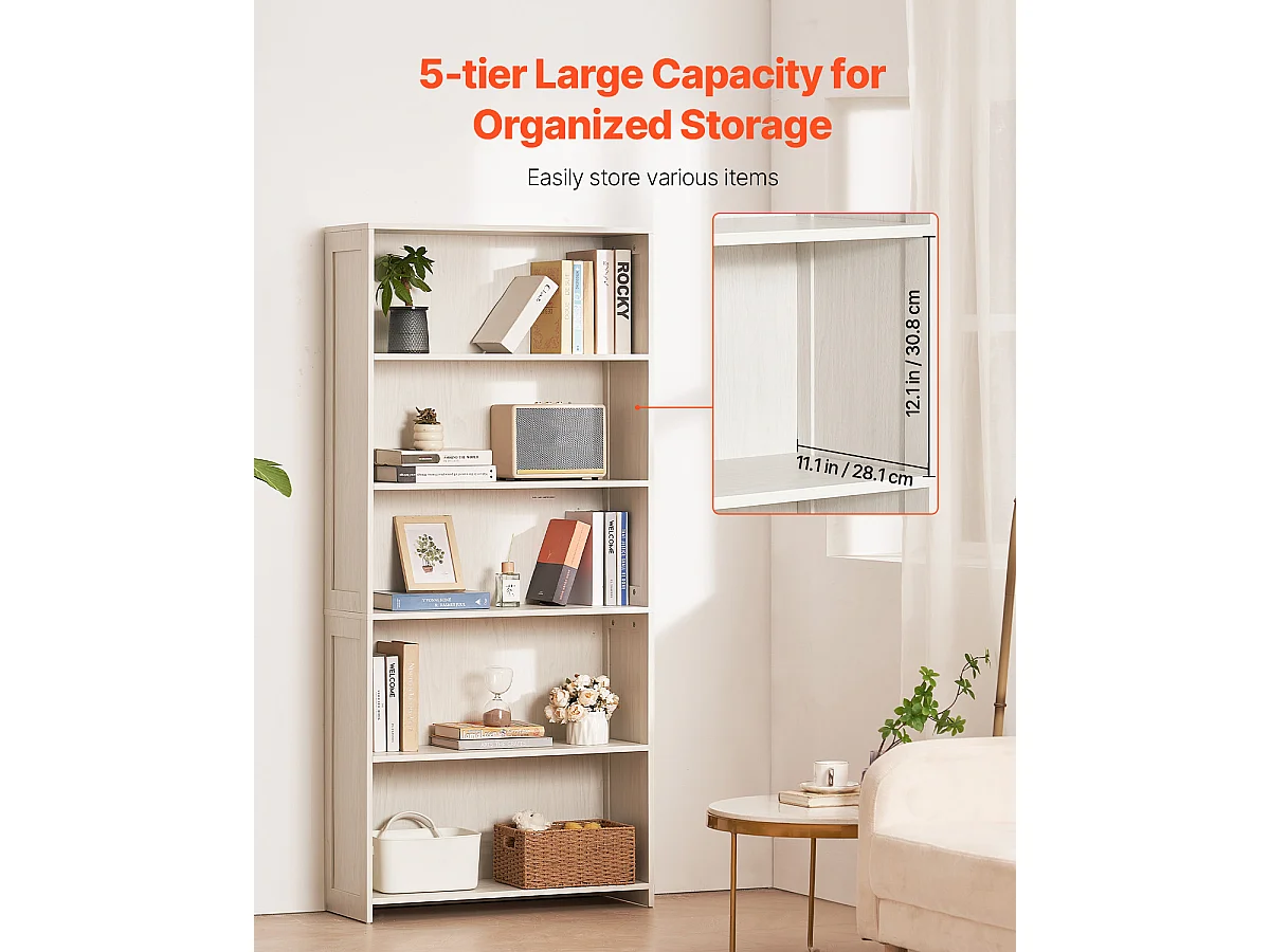 Bibliothèque SucceBuy Ouverte Autoportante en Bois à 5 Niveaux, 173cm de Large, en Blanc, pour le Rangement