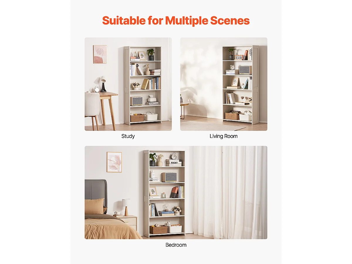 Bibliothèque SucceBuy Ouverte Autoportante en Bois à 5 Niveaux, 173cm de Large, en Blanc, pour le Rangement