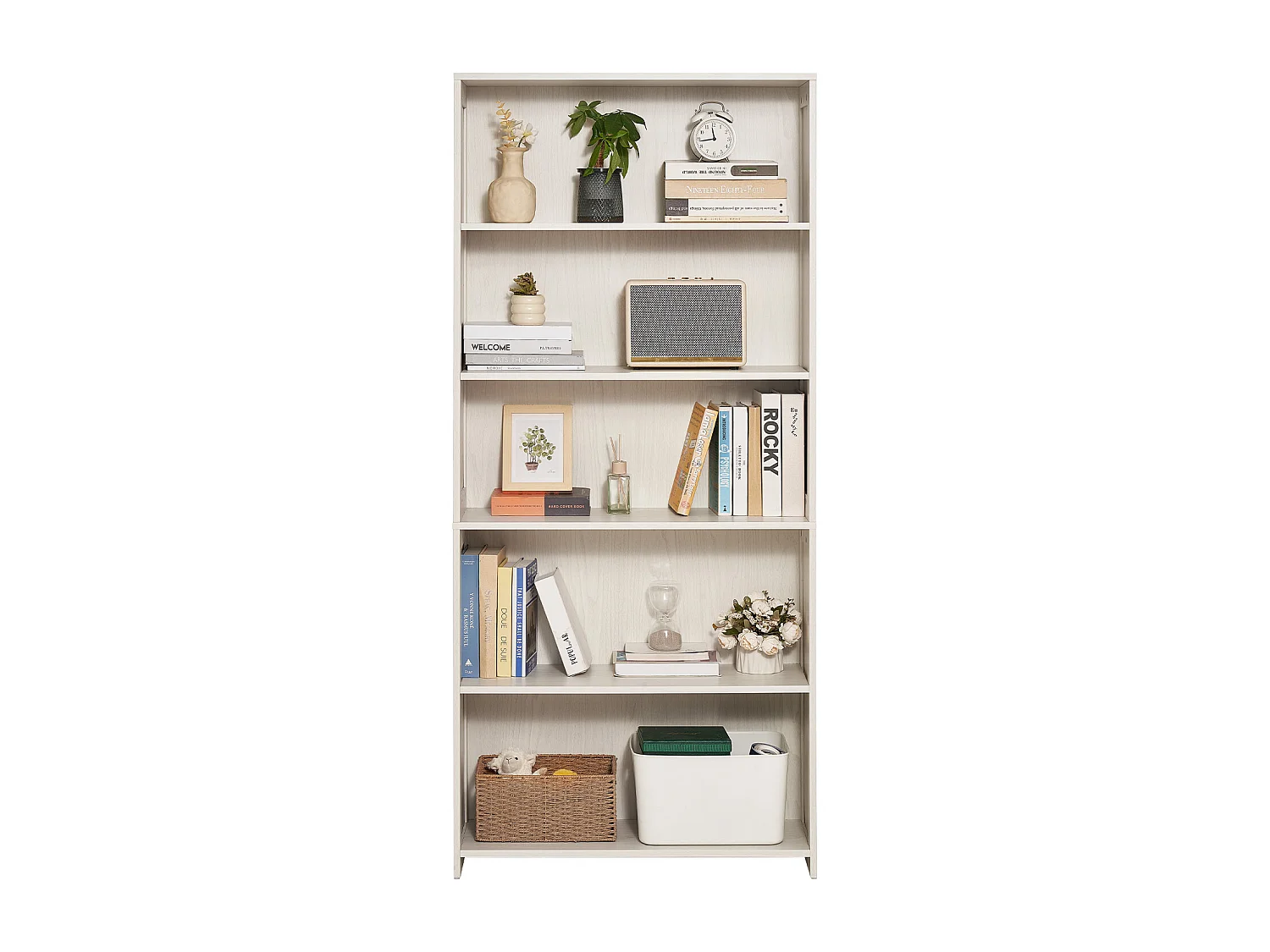 Bibliothèque SucceBuy Ouverte Autoportante en Bois à 5 Niveaux, 173cm de Large, en Blanc, pour le Rangement