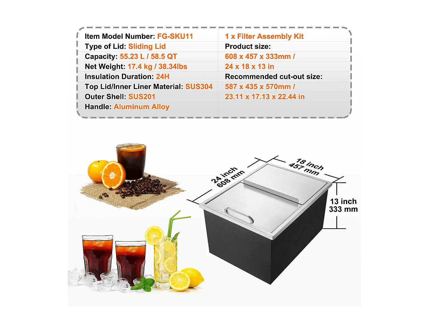 Seau à Glace SucceBuy, 55,23 L, 61x46x33 cm, Glacière en Acier Inoxydable avec Couvercle Coulissant, pour Cuisine Extérieure Vin Bière