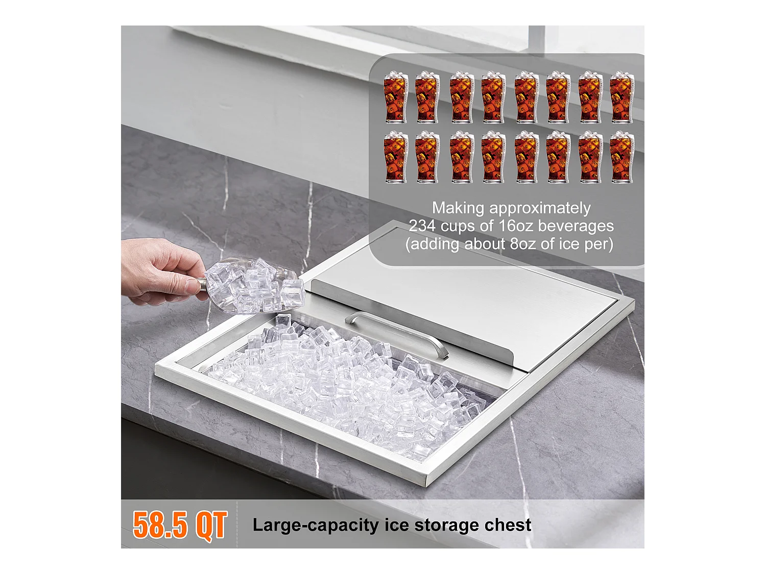 Seau à Glace SucceBuy, 55,23 L, 61x46x33 cm, Glacière en Acier Inoxydable avec Couvercle Coulissant, pour Cuisine Extérieure Vin Bière