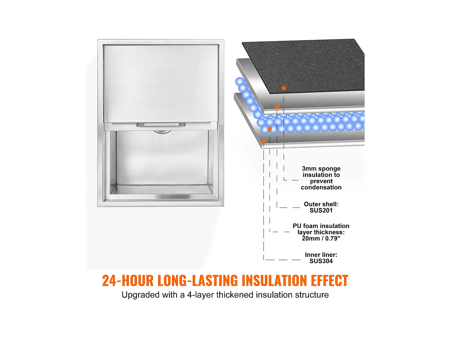 Seau à Glace SucceBuy, 55,23 L, 61x46x33 cm, Glacière en Acier Inoxydable avec Couvercle Coulissant, pour Cuisine Extérieure Vin Bière
