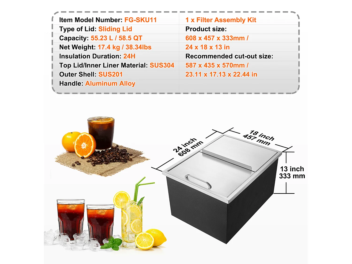 Seau à Glace SucceBuy, 55,23 L, 61x46x33 cm, Glacière en Acier Inoxydable avec Couvercle Coulissant, pour Cuisine Extérieure Vin Bière