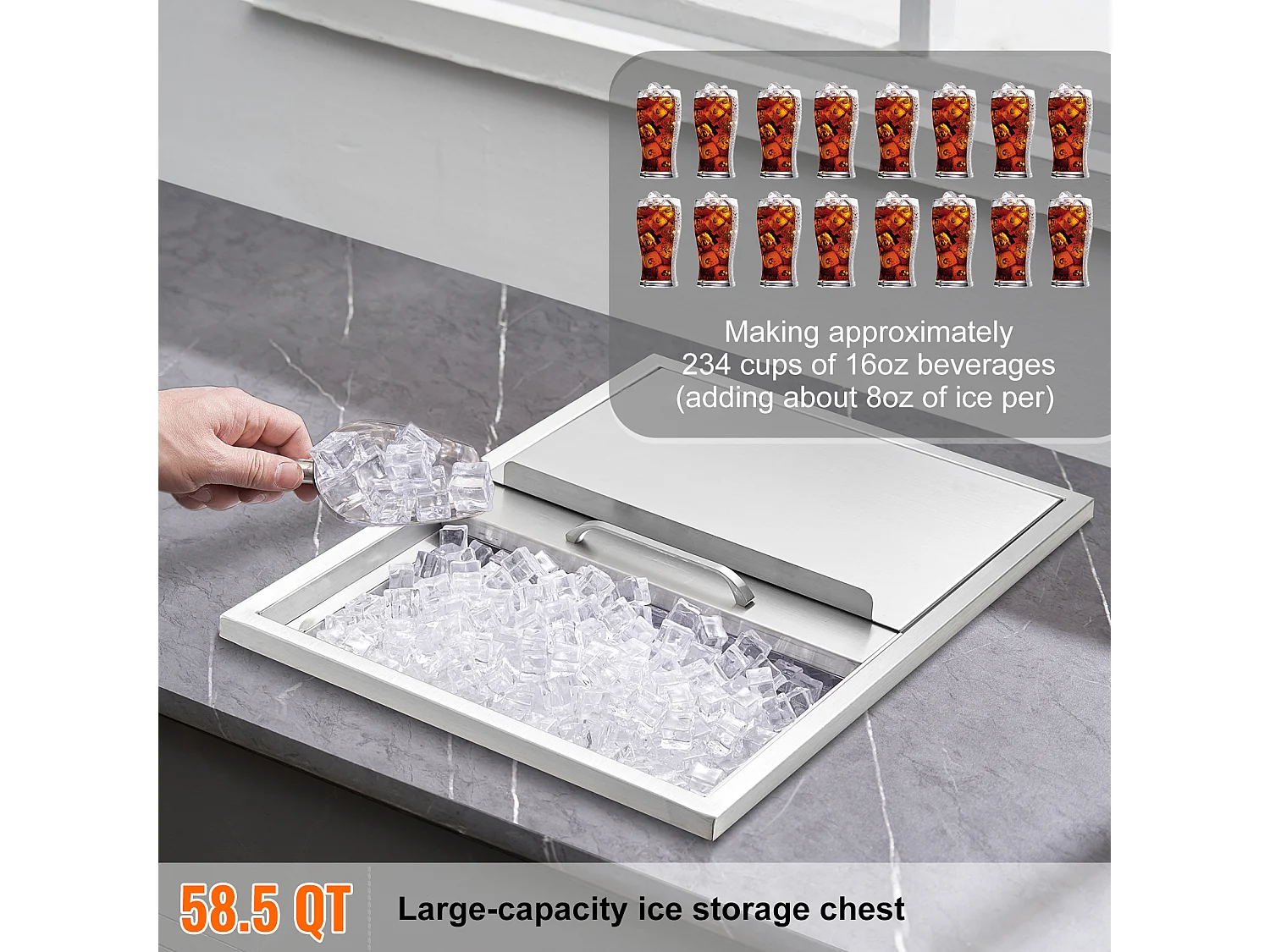 Seau à Glace SucceBuy, 55,23 L, 61x46x33 cm, Glacière en Acier Inoxydable avec Couvercle Coulissant, pour Cuisine Extérieure Vin Bière