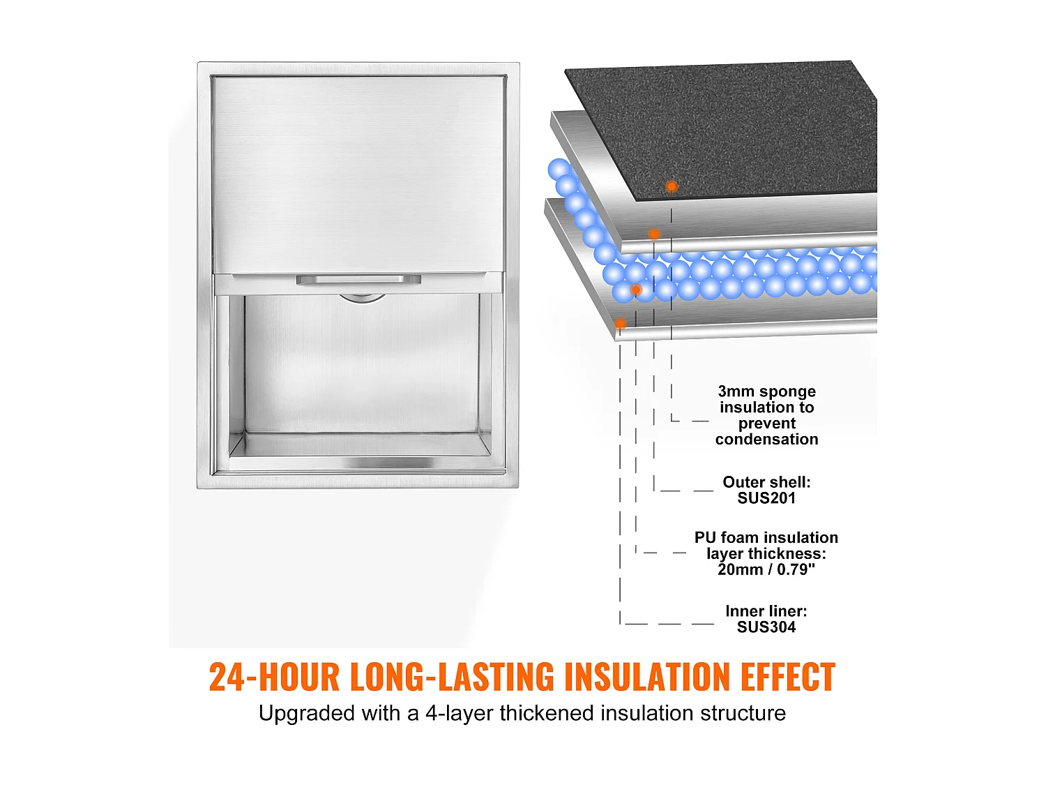 Seau à Glace SucceBuy, 55,23 L, 61x46x33 cm, Glacière en Acier Inoxydable avec Couvercle Coulissant, pour Cuisine Extérieure Vin Bière