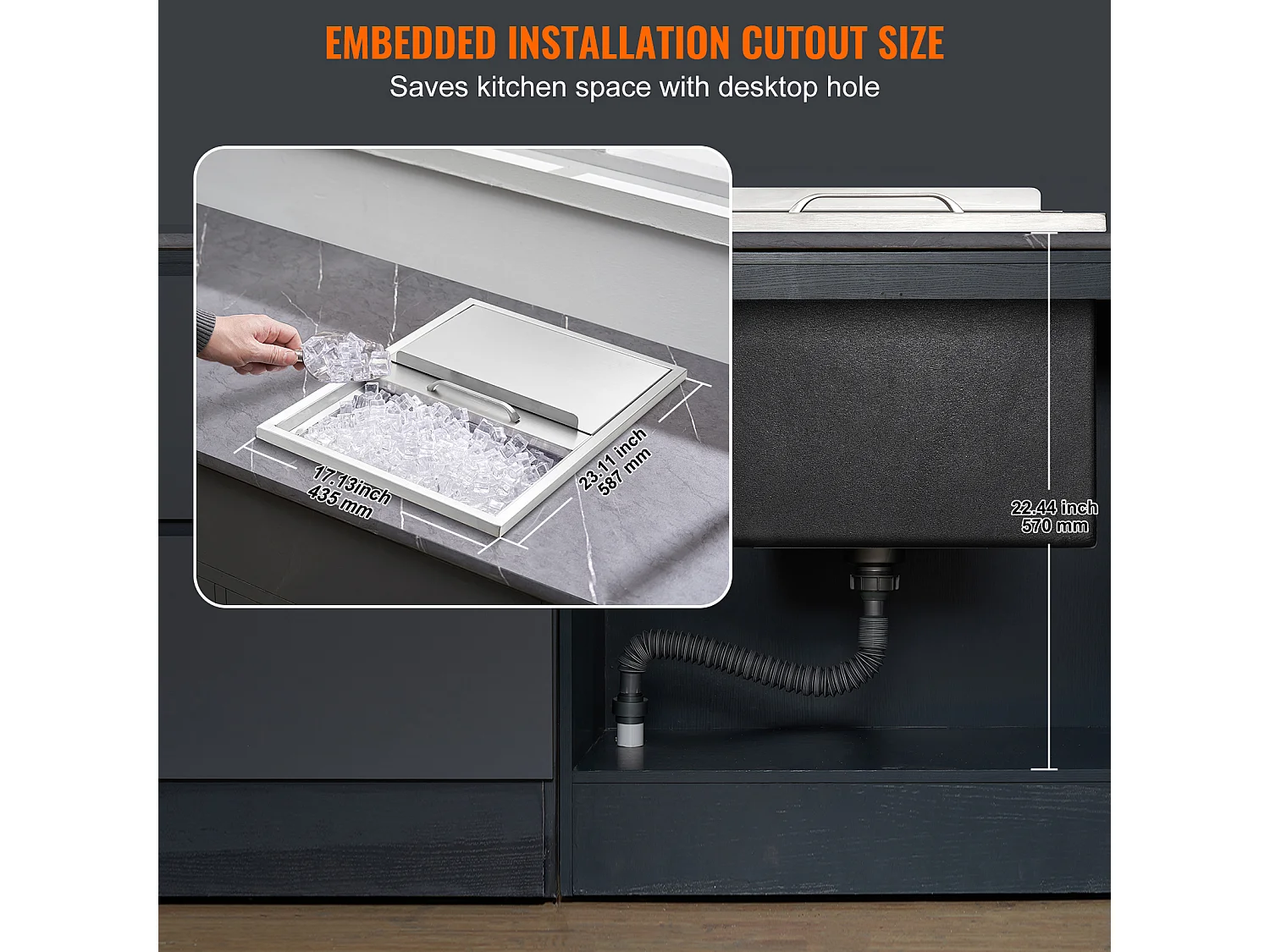 Seau à Glace SucceBuy, 55,23 L, 61x46x33 cm, Glacière en Acier Inoxydable avec Couvercle Coulissant, pour Cuisine Extérieure Vin Bière