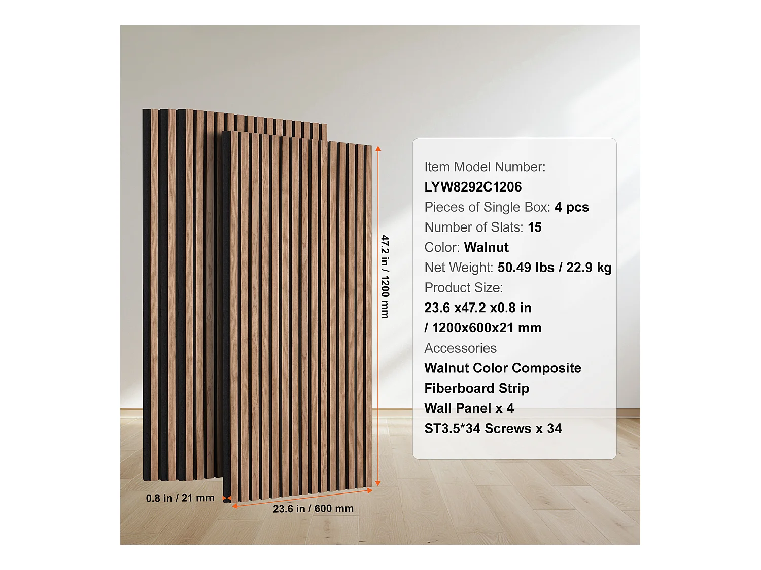 Panneaux Acoustiques à Lattes de Bois SucceBuy 120 x 60 cm, Décoration Murale Moderne, Noyer