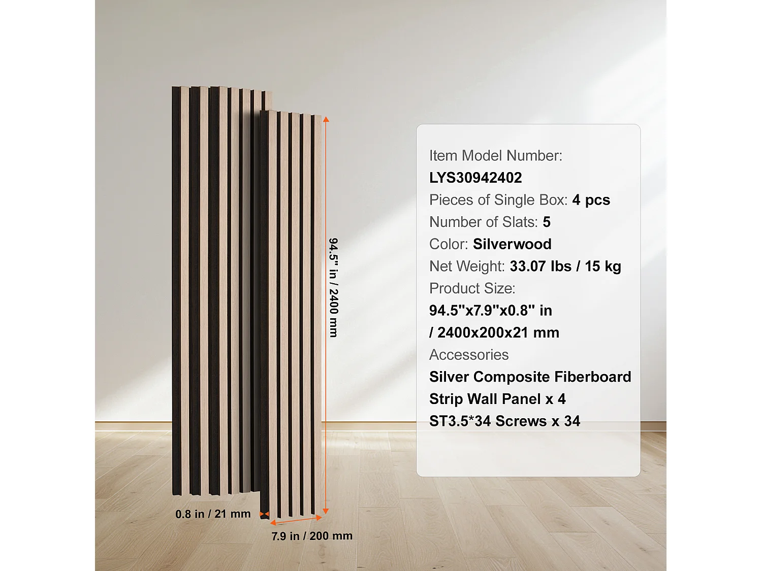 Panneaux Acoustiques à Lattes de Bois SucceBuy, Panneaux Muraux en Bois MDF, pour Décoration Murale Intérieure Moderne, 240 x 20 cm