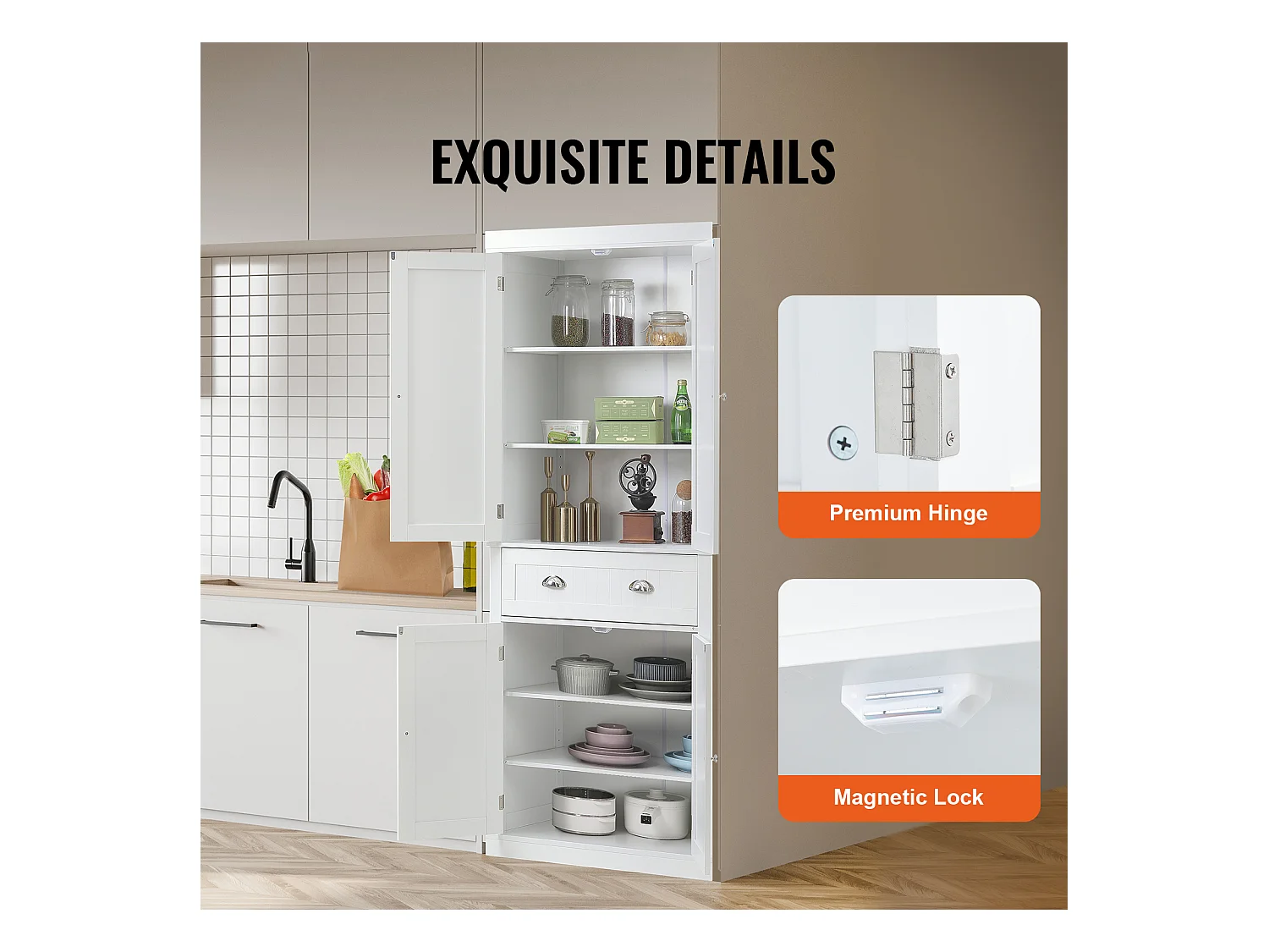 Armoire SucceBuy de Garde-Manger de Cuisine 183cm, 4 Portes, 3 Tablettes Réglables, Rangement, Conçue pour les Grandes Familles et les Restaurants