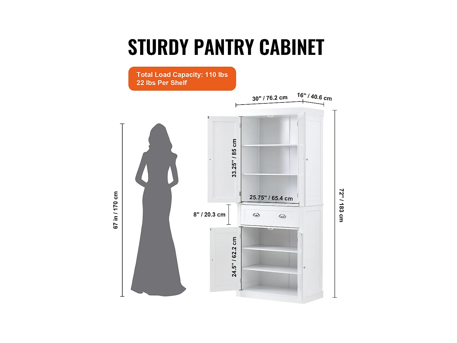 Armoire SucceBuy de Garde-Manger de Cuisine 183cm, 4 Portes, 3 Tablettes Réglables, Rangement, Conçue pour les Grandes Familles et les Restaurants