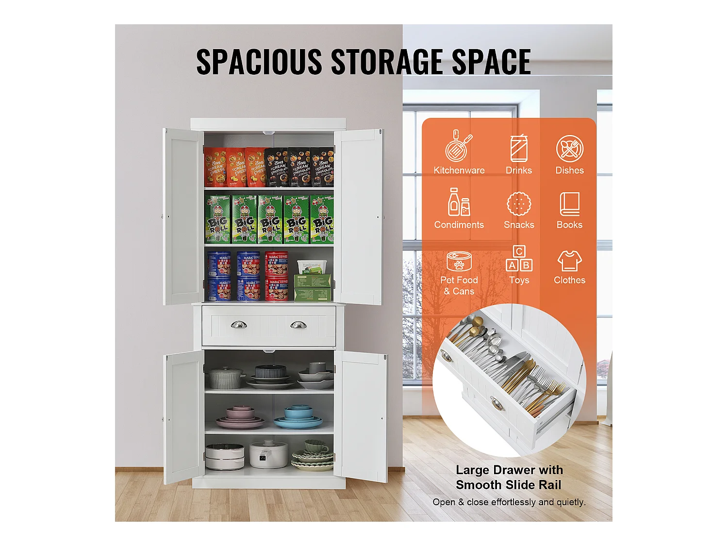 Armoire SucceBuy de Garde-Manger de Cuisine 183cm, 4 Portes, 3 Tablettes Réglables, Rangement, Conçue pour les Grandes Familles et les Restaurants