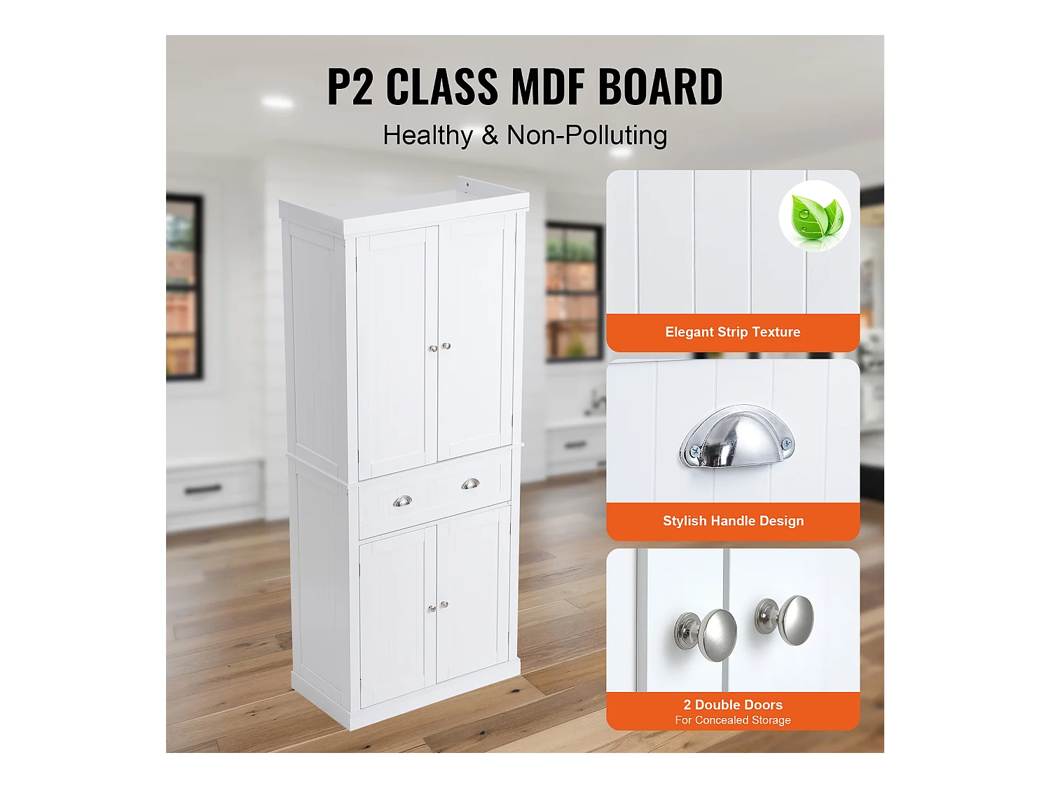 Armoire SucceBuy de Garde-Manger de Cuisine 183cm, 4 Portes, 3 Tablettes Réglables, Rangement, Conçue pour les Grandes Familles et les Restaurants