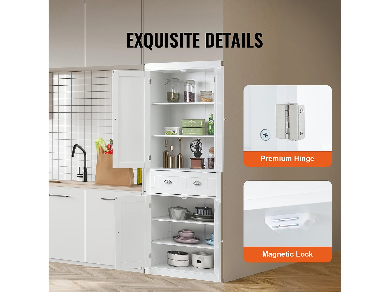 Armoire SucceBuy de Garde-Manger de Cuisine 183cm, 4 Portes, 3 Tablettes Réglables, Rangement, Conçue pour les Grandes Familles et les Restaurants