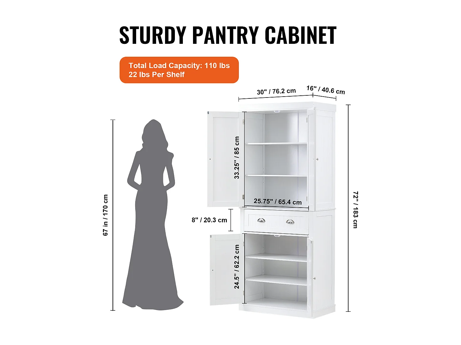 Armoire SucceBuy de Garde-Manger de Cuisine 183cm, 4 Portes, 3 Tablettes Réglables, Rangement, Conçue pour les Grandes Familles et les Restaurants