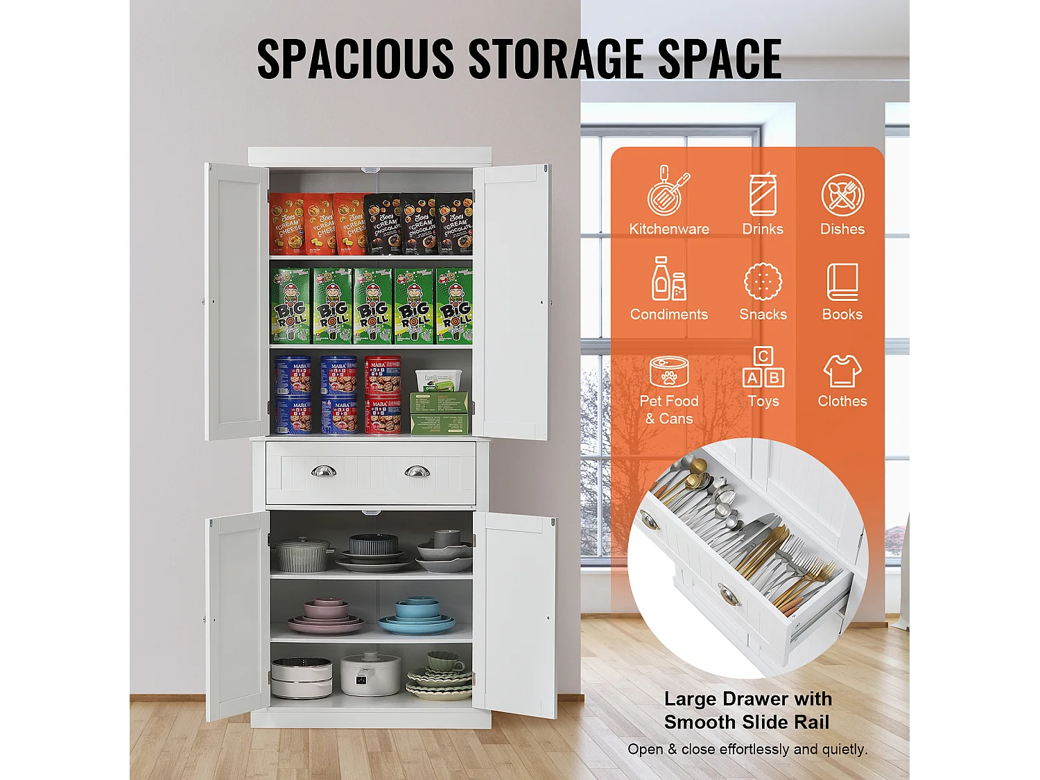 Armoire SucceBuy de Garde-Manger de Cuisine 183cm, 4 Portes, 3 Tablettes Réglables, Rangement, Conçue pour les Grandes Familles et les Restaurants