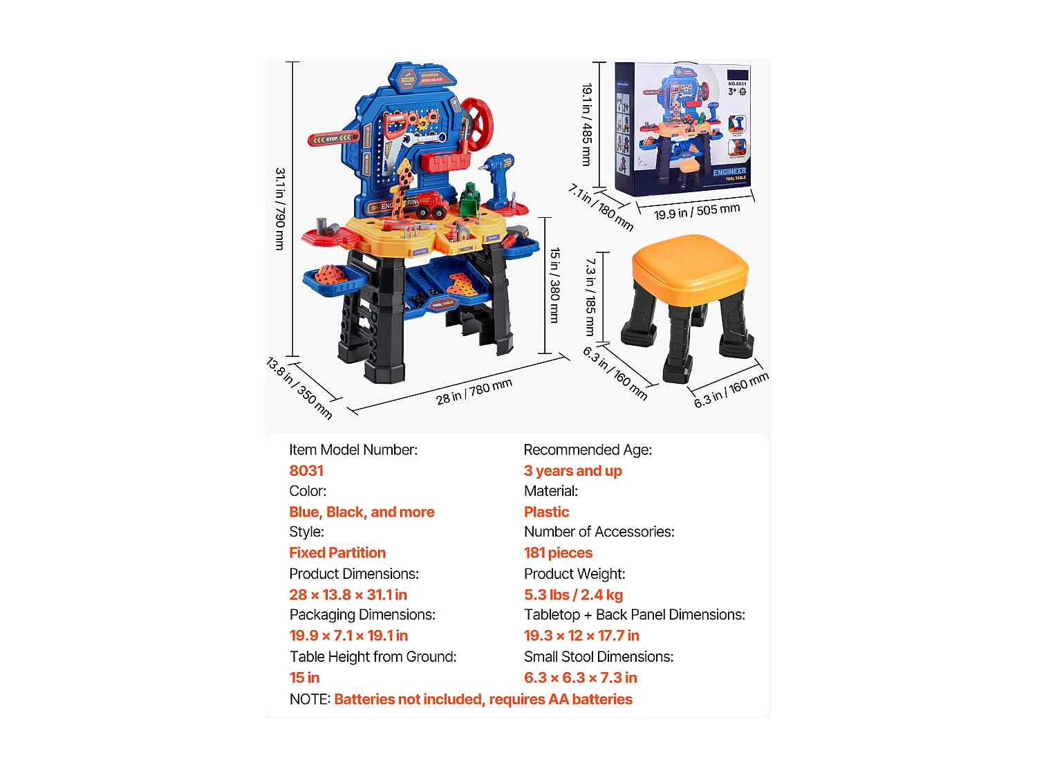 Jouet d'Établi, SucceBuy Établi pour Enfants avec Ensemble de Jouets de 181 Pièces pour les Enfants de 3 Ans et Plus