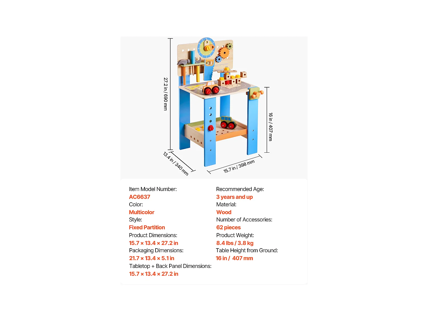 Jouet d'Établi, SucceBuy Établi en Bois pour Enfants avec 62 Pièces et Outils Réalistes