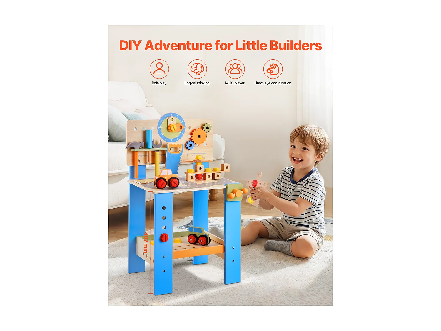 Jouet d'Établi, SucceBuy Établi en Bois pour Enfants avec 62 Pièces et Outils Réalistes