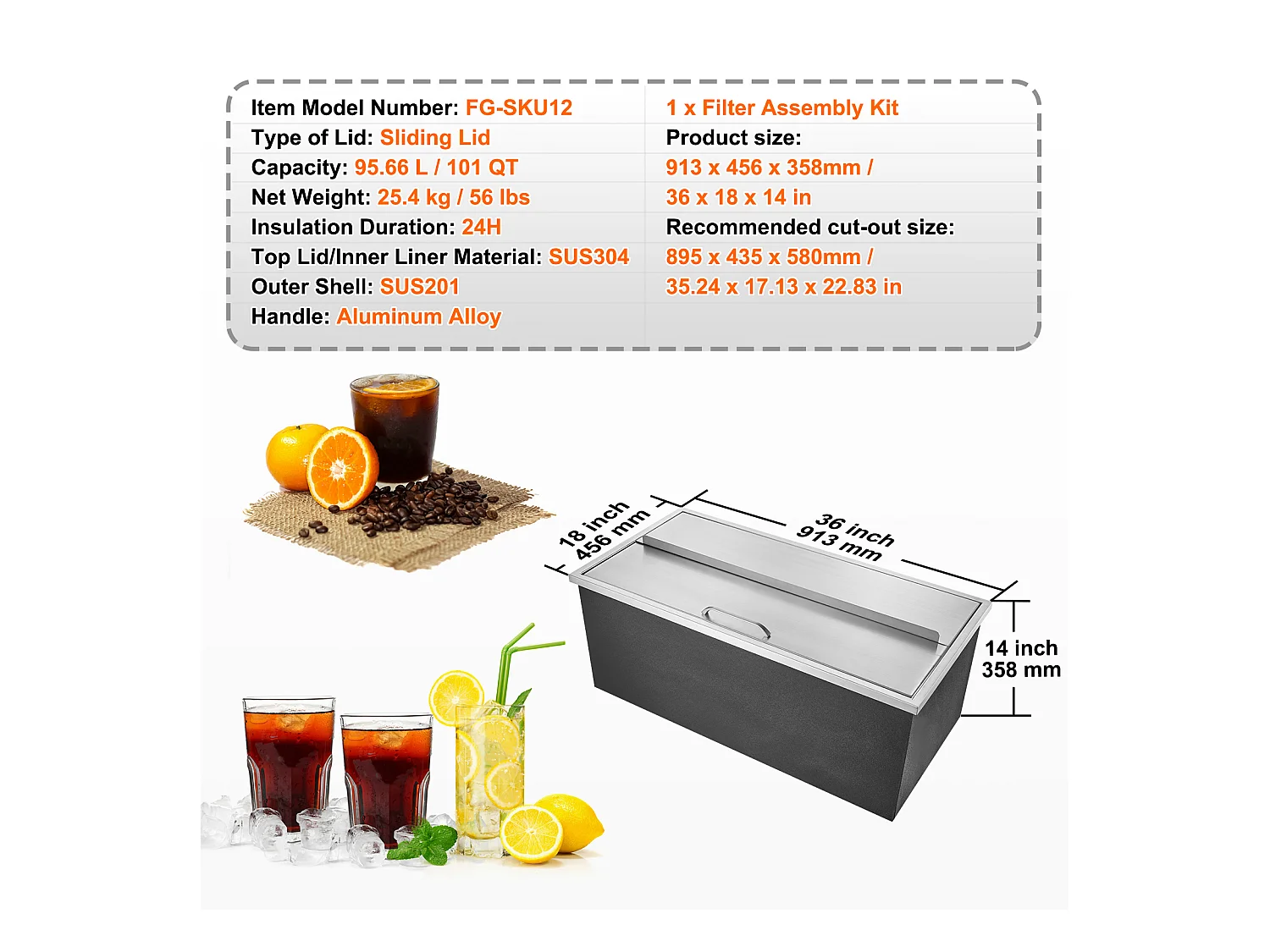 Seau à Glace SucceBuy 95,66 L 91x46x36 cm, Glacière Encastrée en Acier Inoxydable avec Couvercle, Idéal pour la Cuisine Extérieure