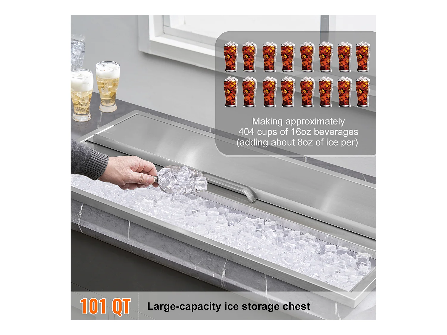 Seau à Glace SucceBuy 95,66 L 91x46x36 cm, Glacière Encastrée en Acier Inoxydable avec Couvercle, Idéal pour la Cuisine Extérieure