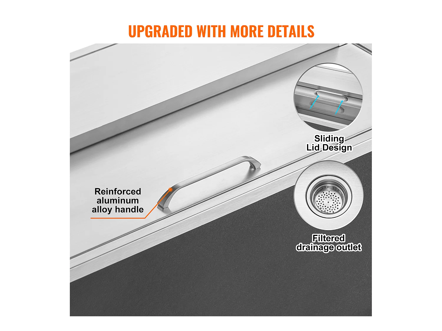 Seau à Glace SucceBuy 95,66 L 91x46x36 cm, Glacière Encastrée en Acier Inoxydable avec Couvercle, Idéal pour la Cuisine Extérieure