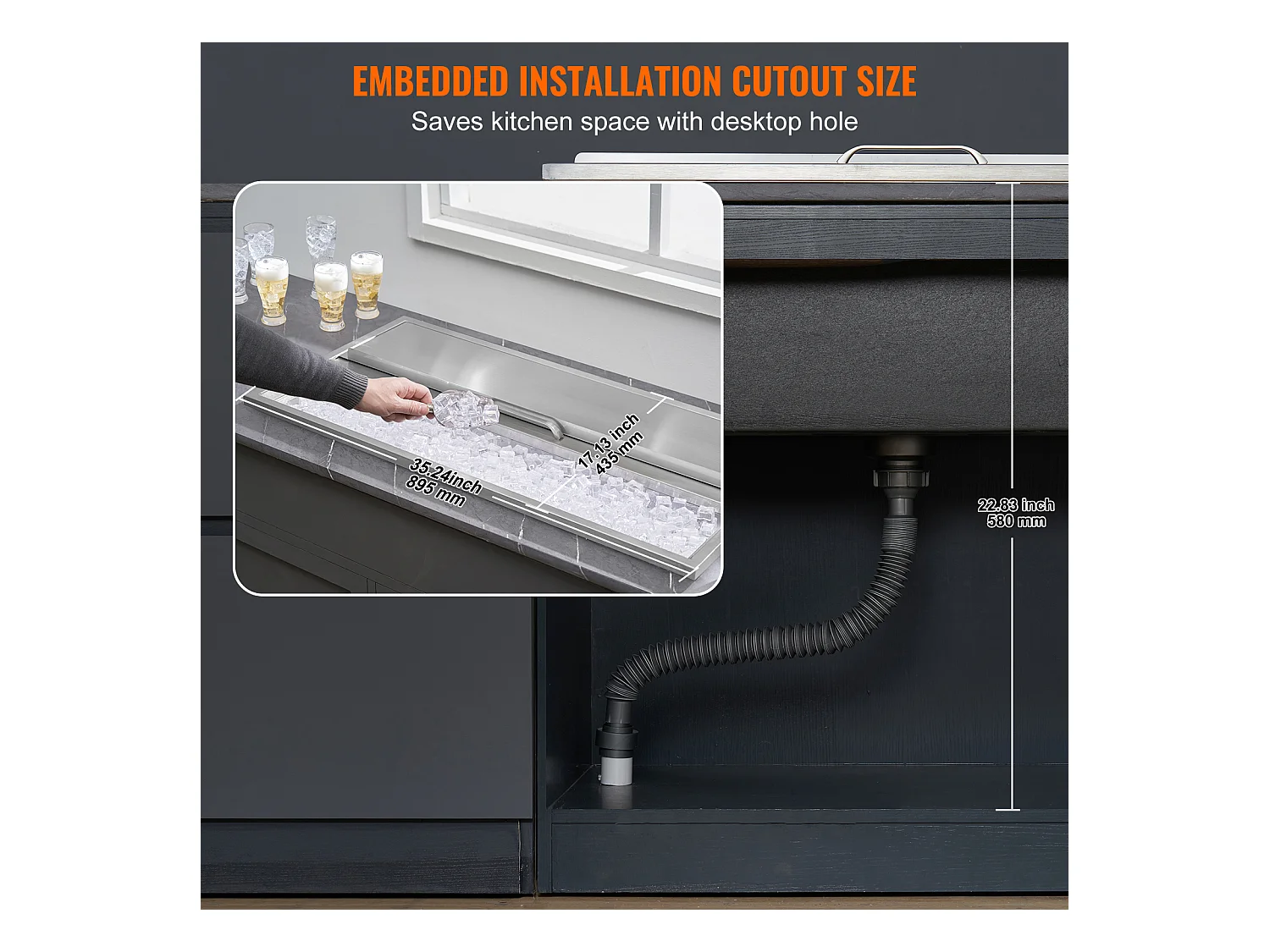 Seau à Glace SucceBuy 95,66 L 91x46x36 cm, Glacière Encastrée en Acier Inoxydable avec Couvercle, Idéal pour la Cuisine Extérieure