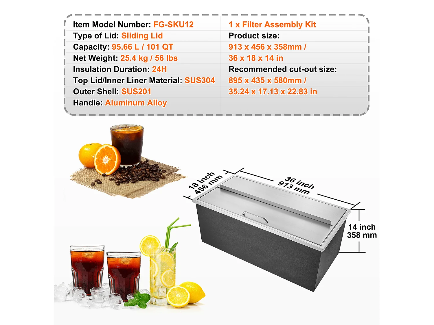 Seau à Glace SucceBuy 95,66 L 91x46x36 cm, Glacière Encastrée en Acier Inoxydable avec Couvercle, Idéal pour la Cuisine Extérieure