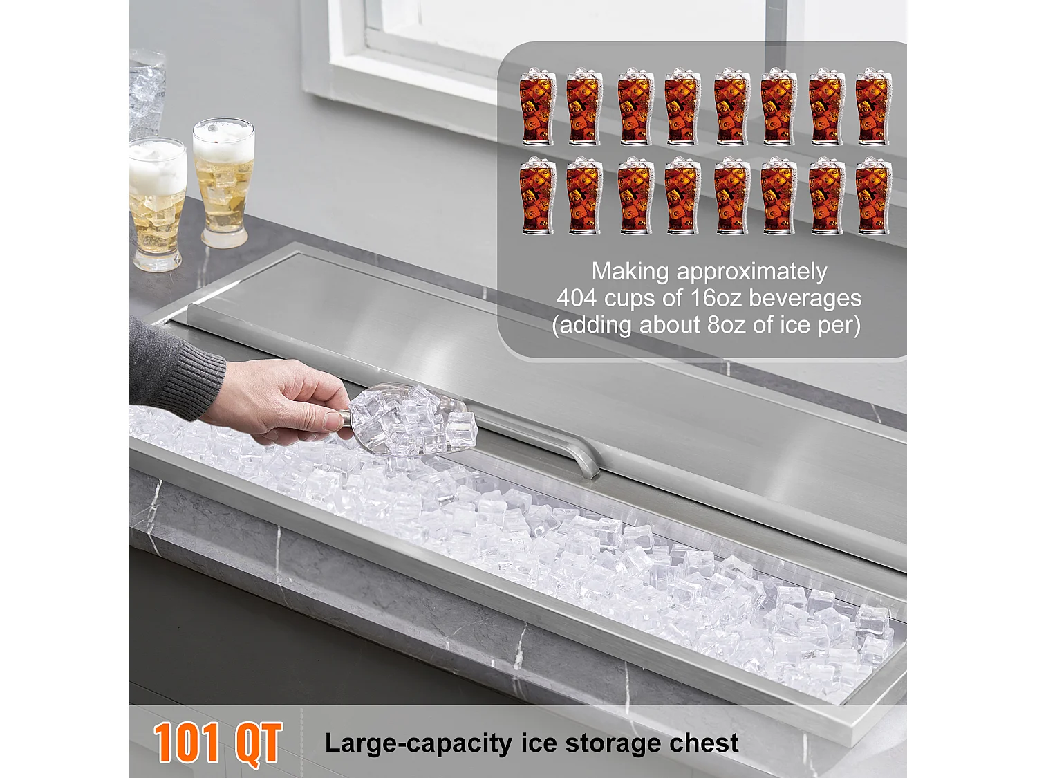 Seau à Glace SucceBuy 95,66 L 91x46x36 cm, Glacière Encastrée en Acier Inoxydable avec Couvercle, Idéal pour la Cuisine Extérieure