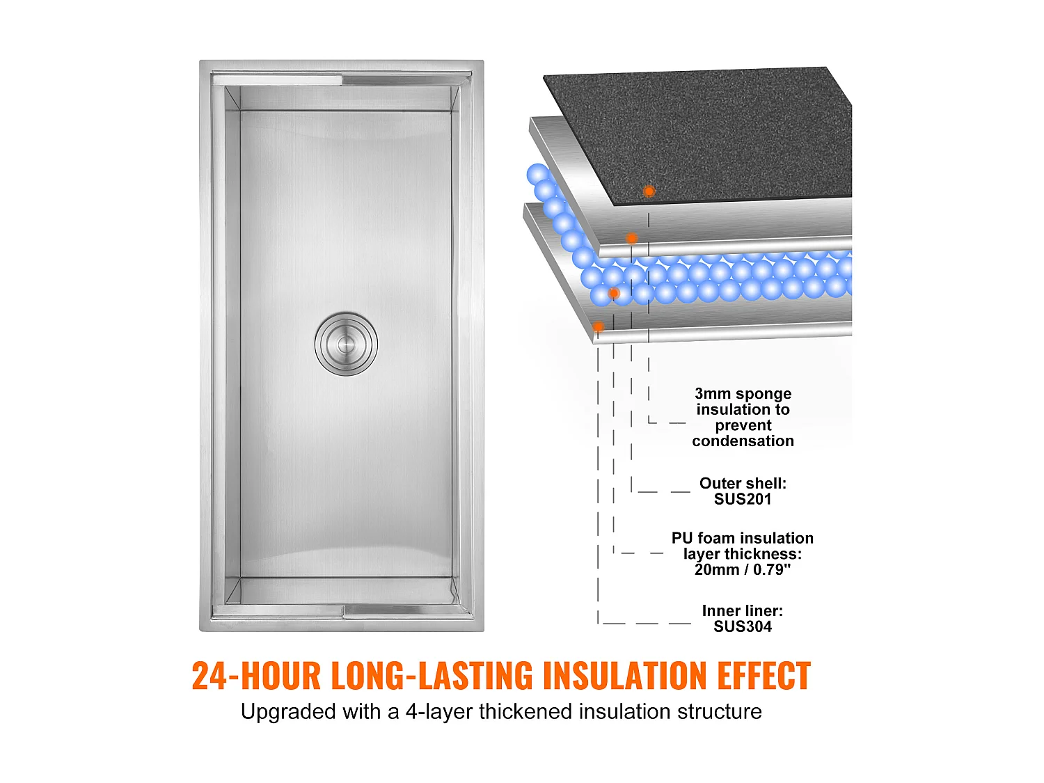 Seau à Glace SucceBuy 95,66 L 91x46x36 cm, Glacière Encastrée en Acier Inoxydable avec Couvercle, Idéal pour la Cuisine Extérieure