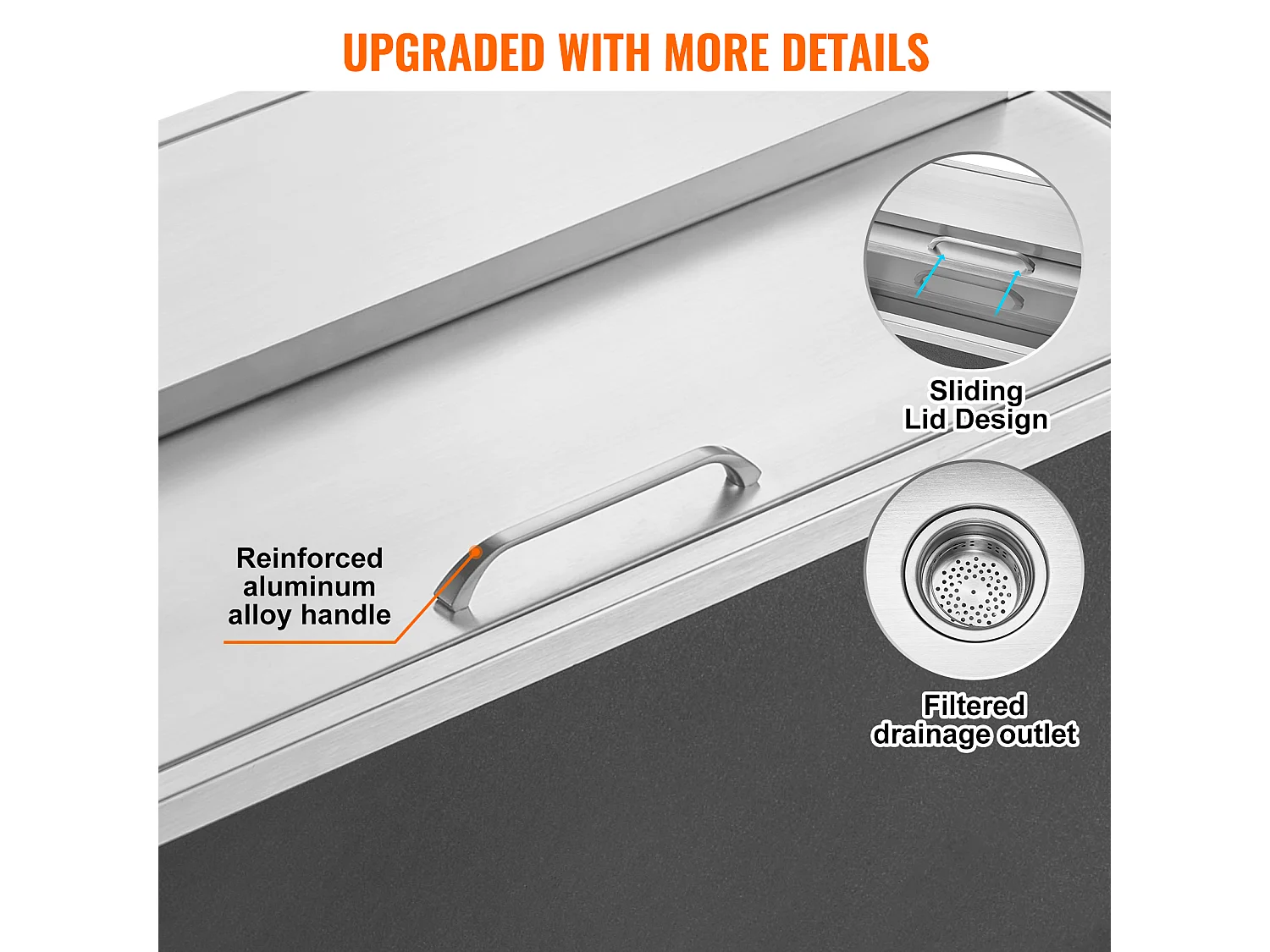 Seau à Glace SucceBuy 95,66 L 91x46x36 cm, Glacière Encastrée en Acier Inoxydable avec Couvercle, Idéal pour la Cuisine Extérieure