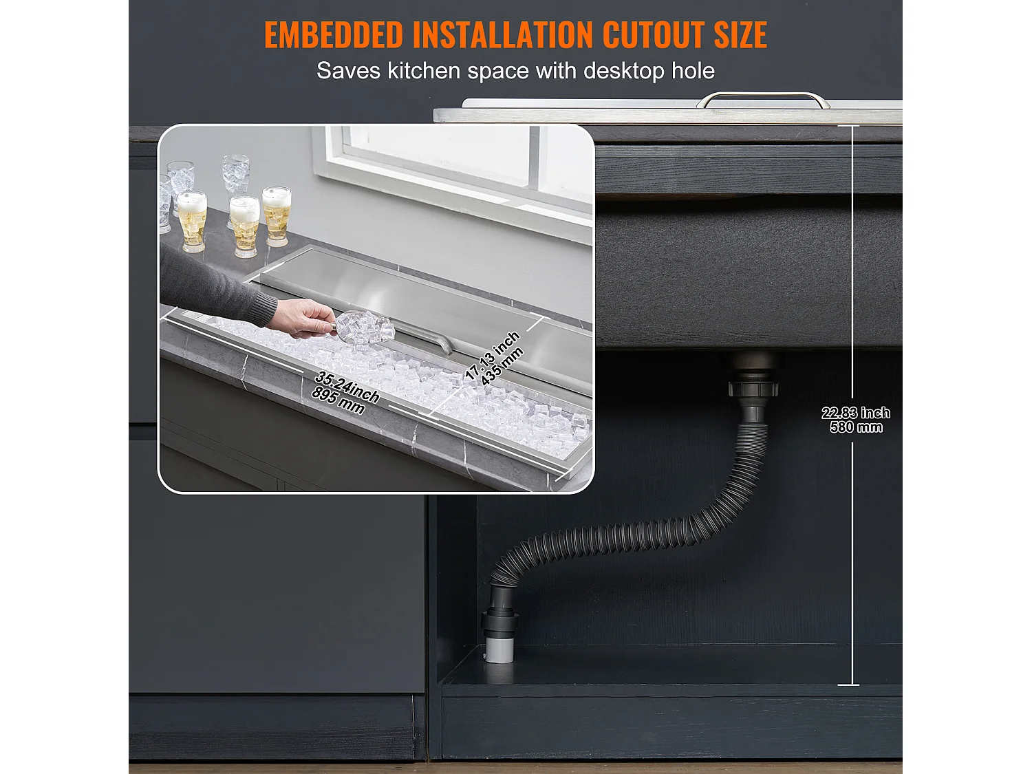 Seau à Glace SucceBuy 95,66 L 91x46x36 cm, Glacière Encastrée en Acier Inoxydable avec Couvercle, Idéal pour la Cuisine Extérieure