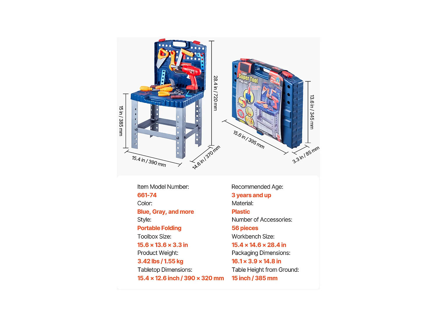 Werkbank Speelgoed, SucceBuy Kids DIY Werkbank met 56 Onderdelen en Realistische Speelgoedboor