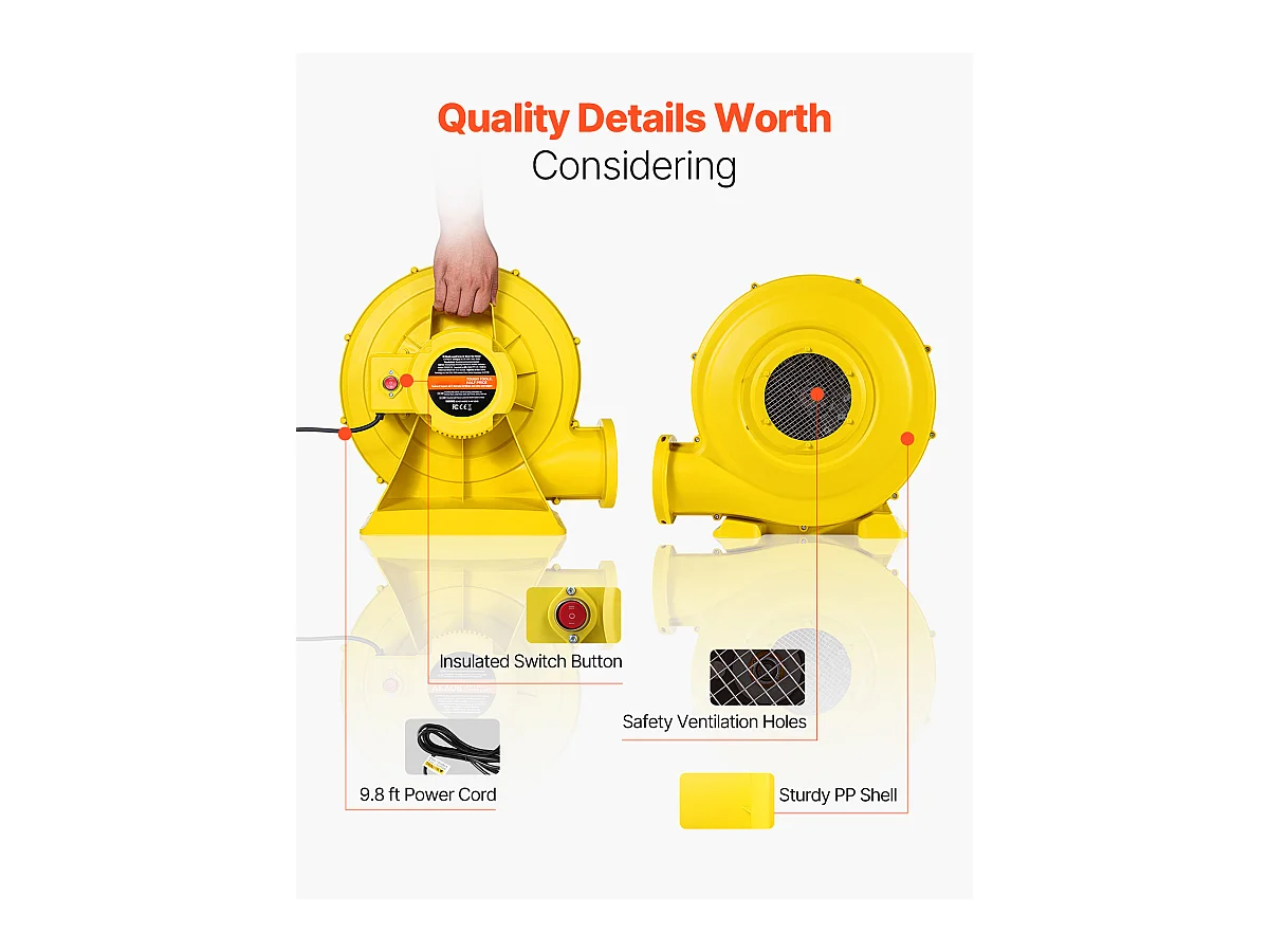 Souffleur d'Air SucceBuy Souffleur Gonflable 1,3 CV 950 W, Pompe à Air Commerciale pour Structures Gonflables, Jaune