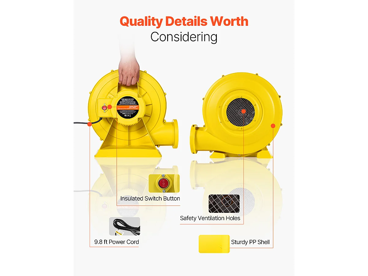 Souffleur d'Air SucceBuy Souffleur Gonflable 1,3 CV 950 W, Pompe à Air Commerciale pour Structures Gonflables, Jaune