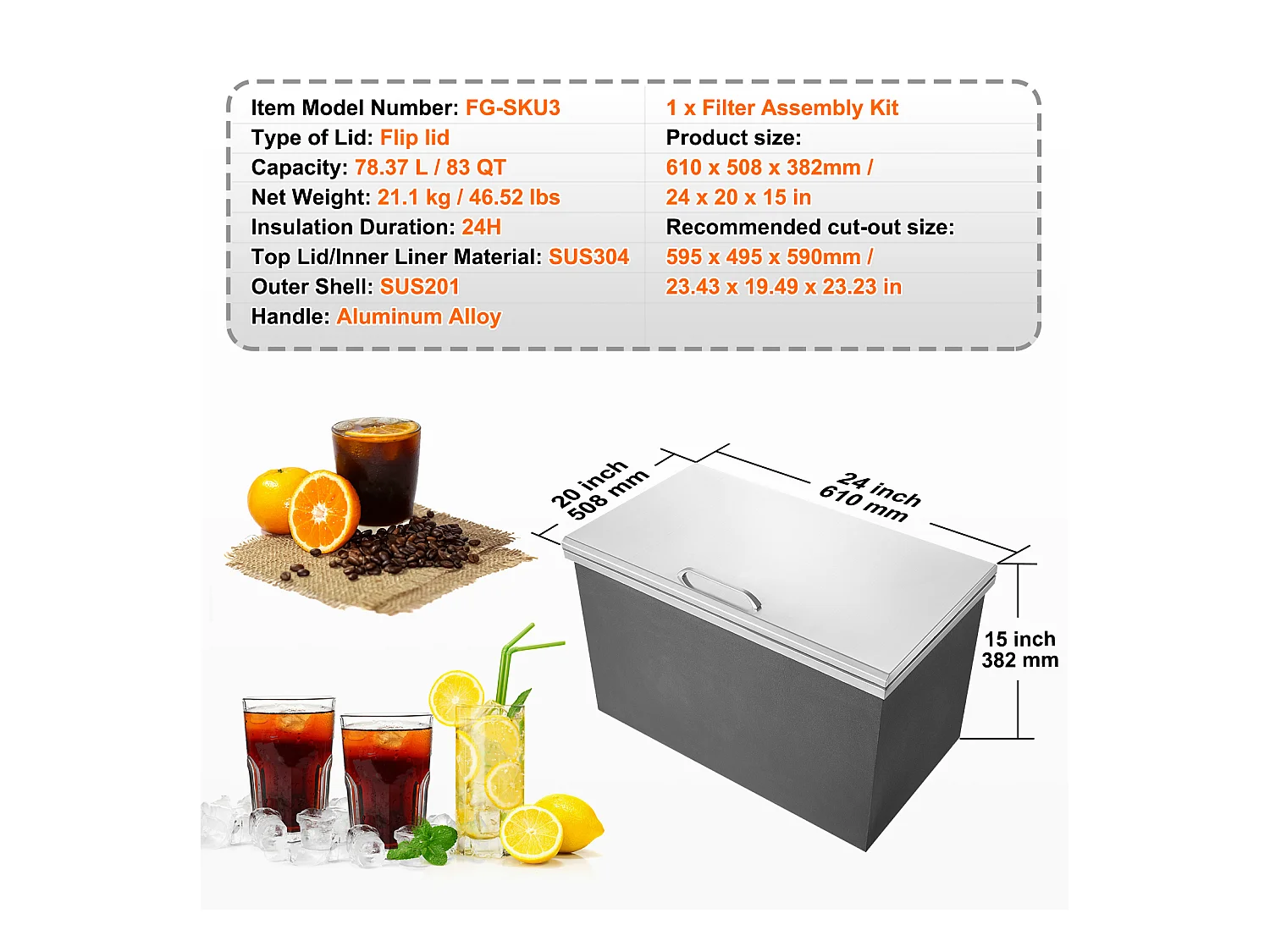 Seau à Glace SucceBuy 78,37 L 61x51x38 cm, Glacière Drop-in en Acier Inoxydable, avec Couvercle à Charnière, pour la Cuisine Extérieure