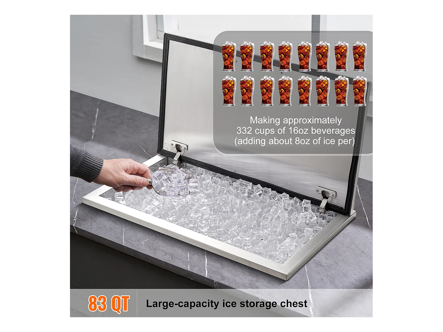 Seau à Glace SucceBuy 78,37 L 61x51x38 cm, Glacière Drop-in en Acier Inoxydable, avec Couvercle à Charnière, pour la Cuisine Extérieure