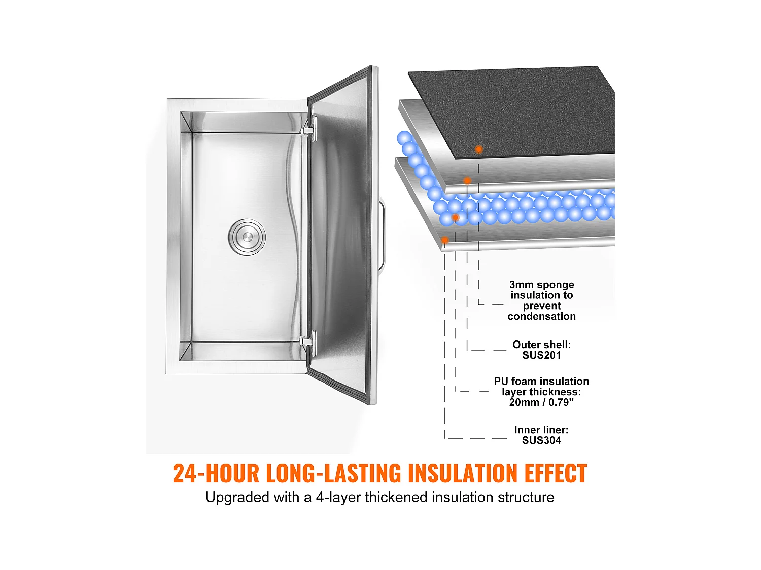 Seau à Glace SucceBuy 78,37 L 61x51x38 cm, Glacière Drop-in en Acier Inoxydable, avec Couvercle à Charnière, pour la Cuisine Extérieure
