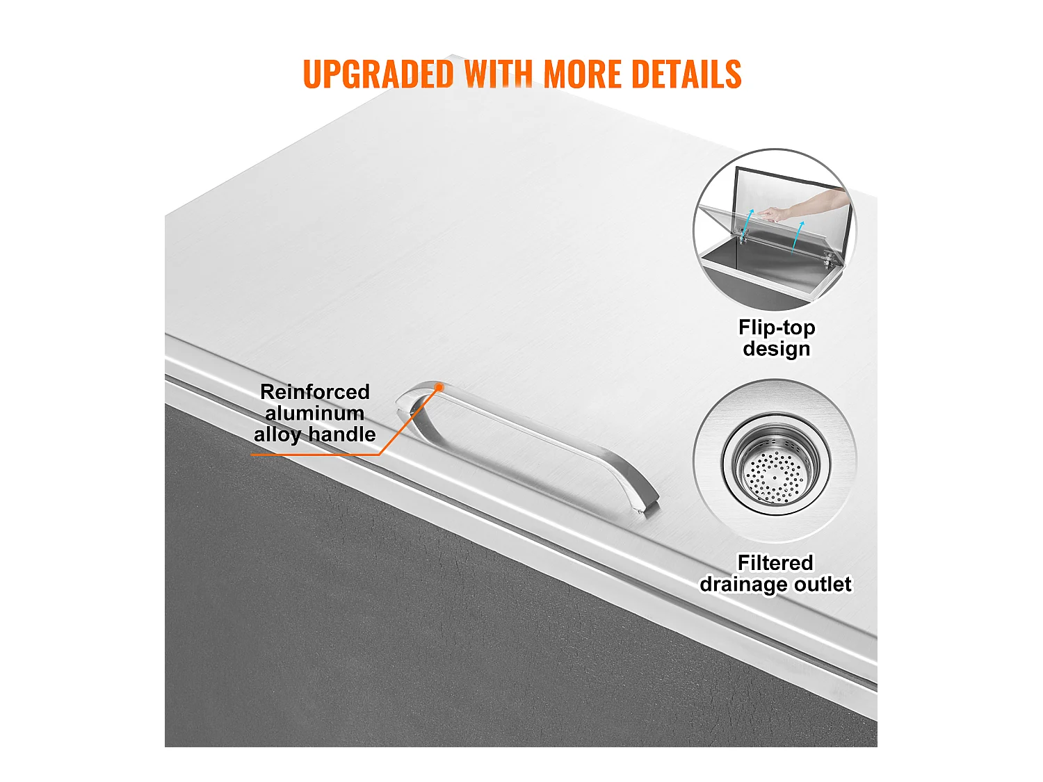 Seau à Glace SucceBuy 78,37 L 61x51x38 cm, Glacière Drop-in en Acier Inoxydable, avec Couvercle à Charnière, pour la Cuisine Extérieure