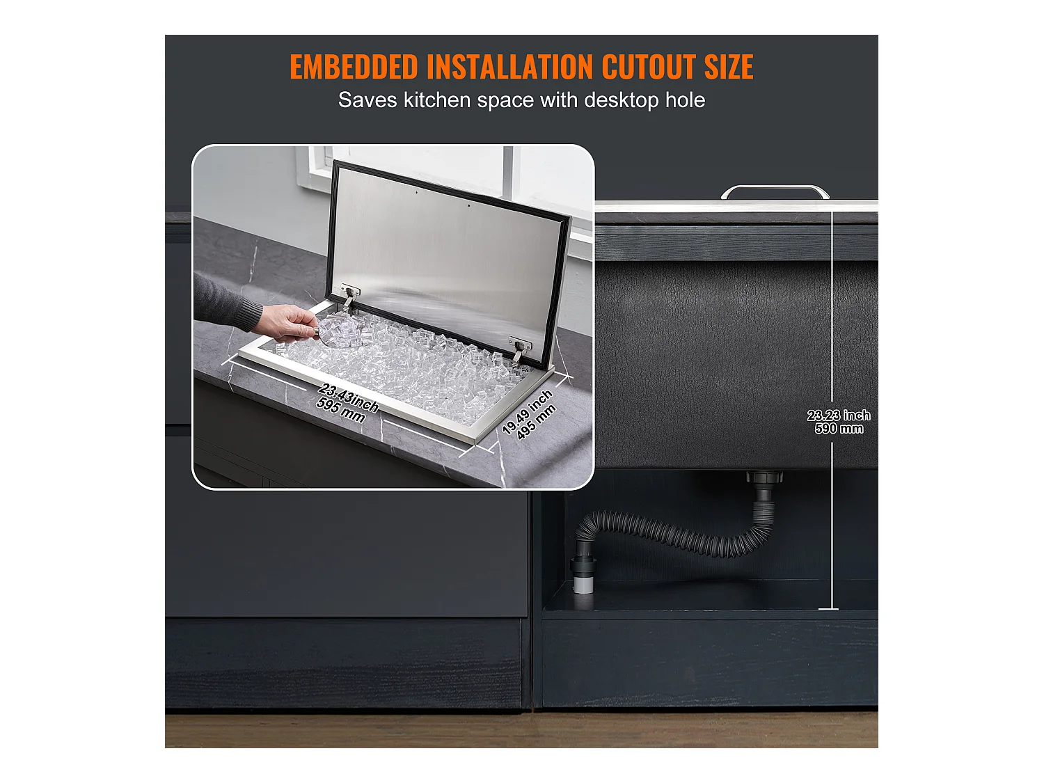 Seau à Glace SucceBuy 78,37 L 61x51x38 cm, Glacière Drop-in en Acier Inoxydable, avec Couvercle à Charnière, pour la Cuisine Extérieure