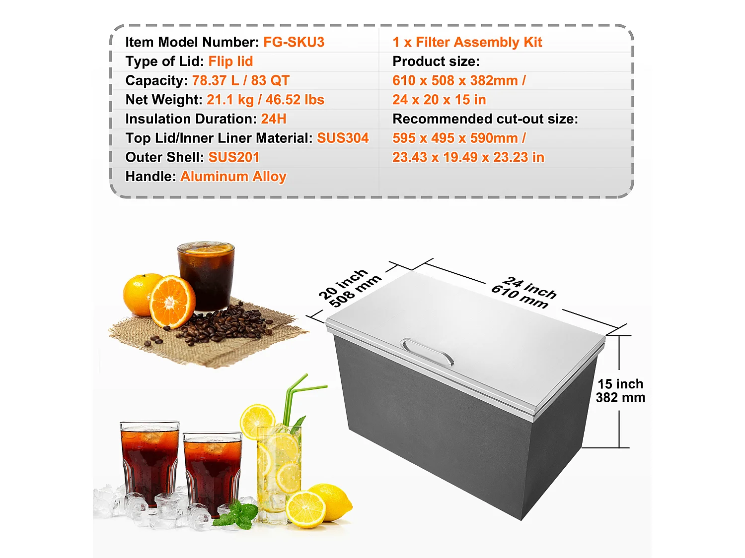 Seau à Glace SucceBuy 78,37 L 61x51x38 cm, Glacière Drop-in en Acier Inoxydable, avec Couvercle à Charnière, pour la Cuisine Extérieure