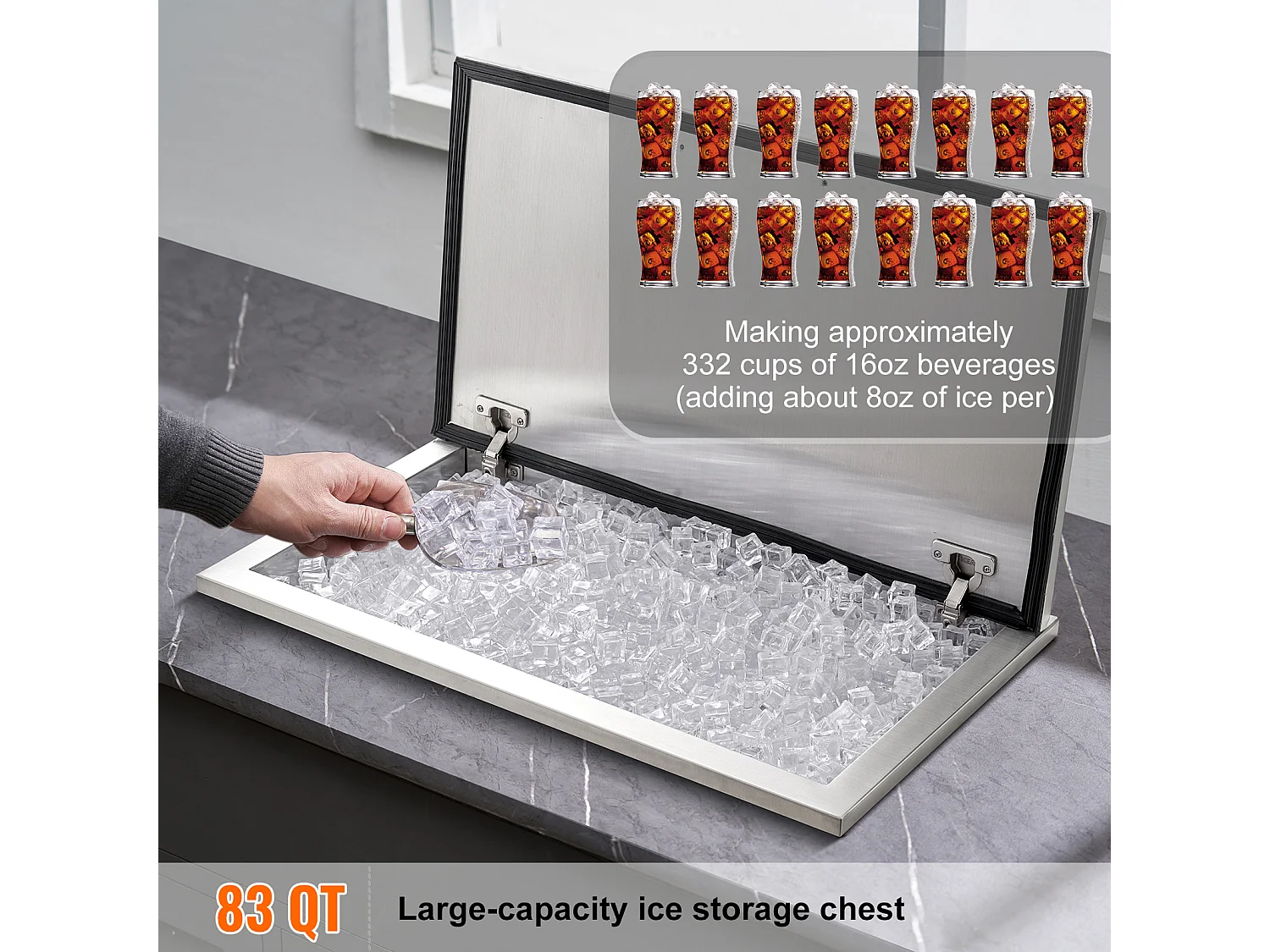 Seau à Glace SucceBuy 78,37 L 61x51x38 cm, Glacière Drop-in en Acier Inoxydable, avec Couvercle à Charnière, pour la Cuisine Extérieure